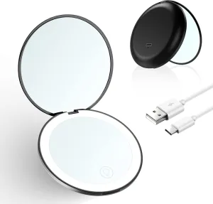 GRUTZ 2-in-1 Compact Magnifying Mirror Vanity Mini Travel Mirror Charging Compact 2-Sided Mirror 3.5” Illuminated Folding Mirror Rechargeable LED Natural Lighted Compact Mirror