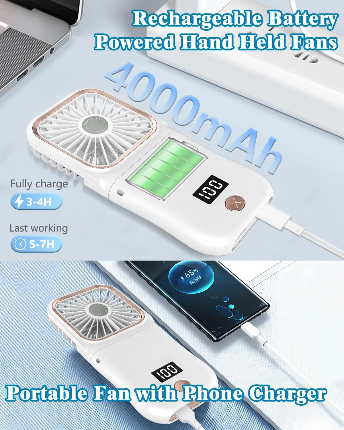 Handheld Fan Rechargeable,Portable Fan Battery Operated Fan with LED Display,Mini Small Hand Fan Foldable Fan with Power Bank, 4000mAh Travel Fan Personal Fans,Makeup Lash Fan for Girls Women Kids