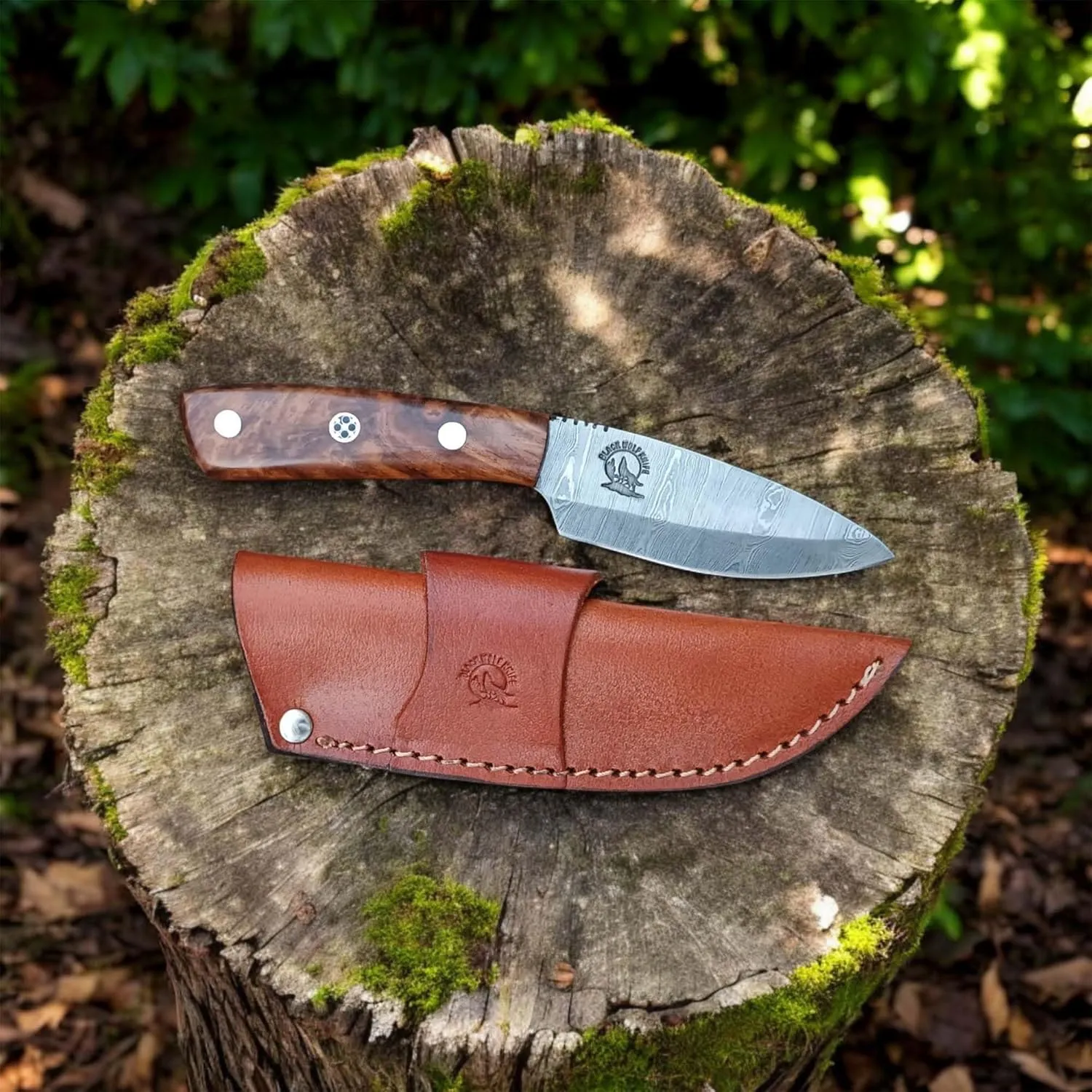 Handmade Damascus Hunting Knife with Sheath - Fixed Blade Knife for Men - ROSE Wood HandleWith Leather Sheath - Bushcraft Knives, Camping Knife Survival BWK-J345