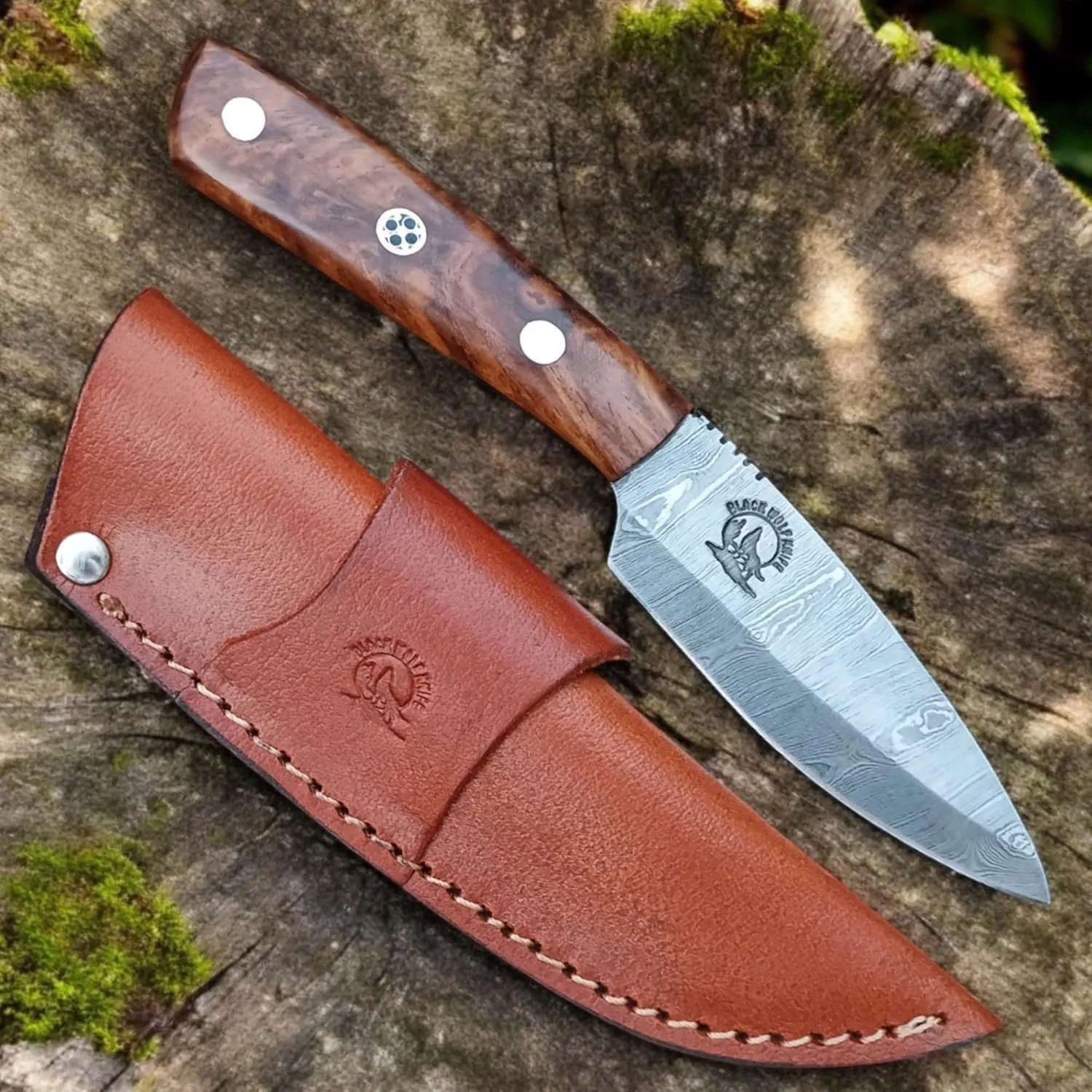 Handmade Damascus Hunting Knife with Sheath - Fixed Blade Knife for Men - ROSE Wood HandleWith Leather Sheath - Bushcraft Knives, Camping Knife Survival BWK-J345