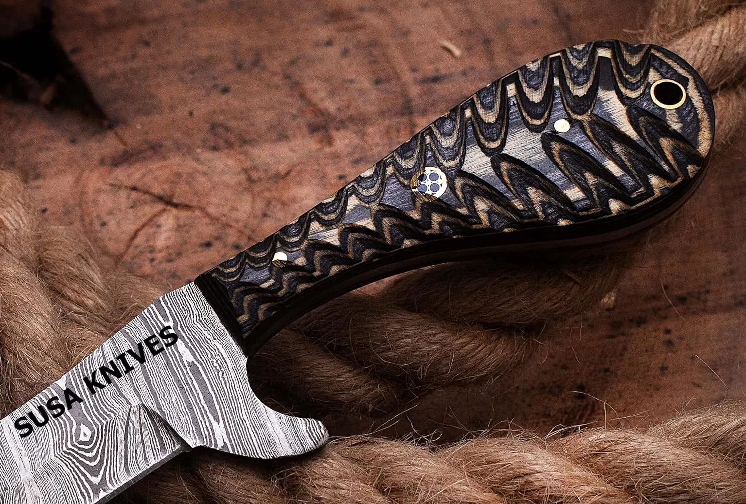 Handmade Damascus Steel Bull Cutter Knife, Cowboy Fixed Blade knife, Wood Handle, EDC Knife PANCAKE Leather Sheath Gift For Men
