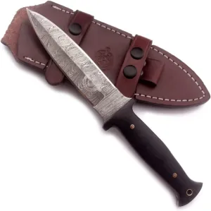 Handmade Damascus Steel Dagger – Ideal for EDC, Hunting, Survival, Camping, and Fishing. Features a Fixed Spear Point Blade, Full Tang Micarta Handle, and Cowhide Leather Sheath-DCX22-59