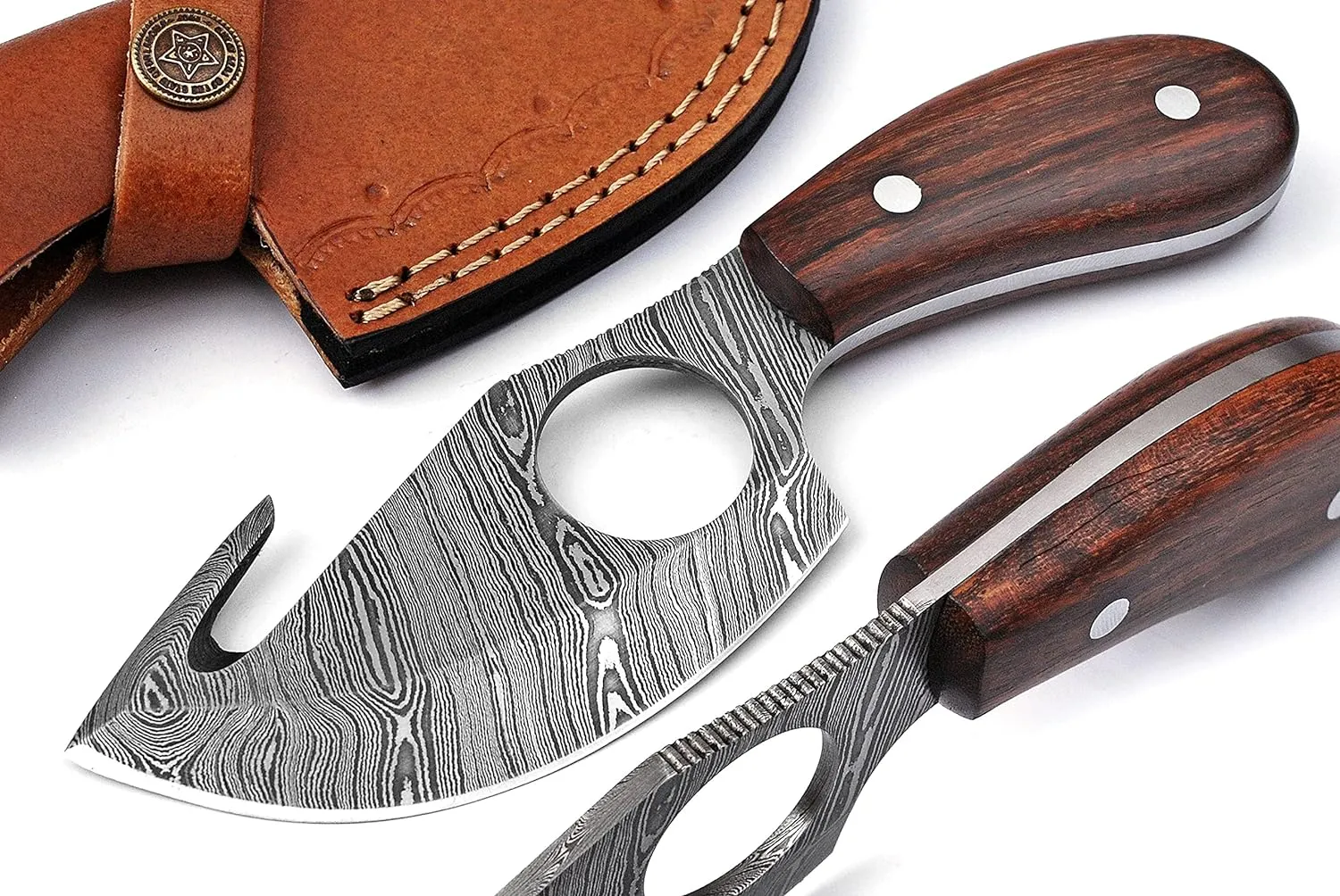 Handmade Damascus Steel Fixed Blade Skinning Hunting Knife With Gut Hook Best For Outdoor Camping Skinner Deer Fishing Hiking Edc Survival Knives For Men (Rose Wood)