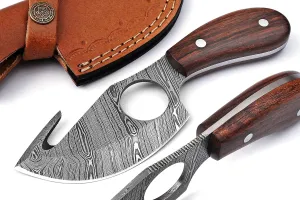 Handmade Damascus Steel Fixed Blade Skinning Hunting Knife With Gut Hook Best For Outdoor Camping Skinner Deer Fishing Hiking Edc Survival Knives For Men (Rose Wood)