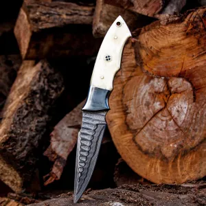 Handmade Fixed Blade Damascus Hunting Knife with Horizontal Carry Leather Sheath for (Bushcraft)