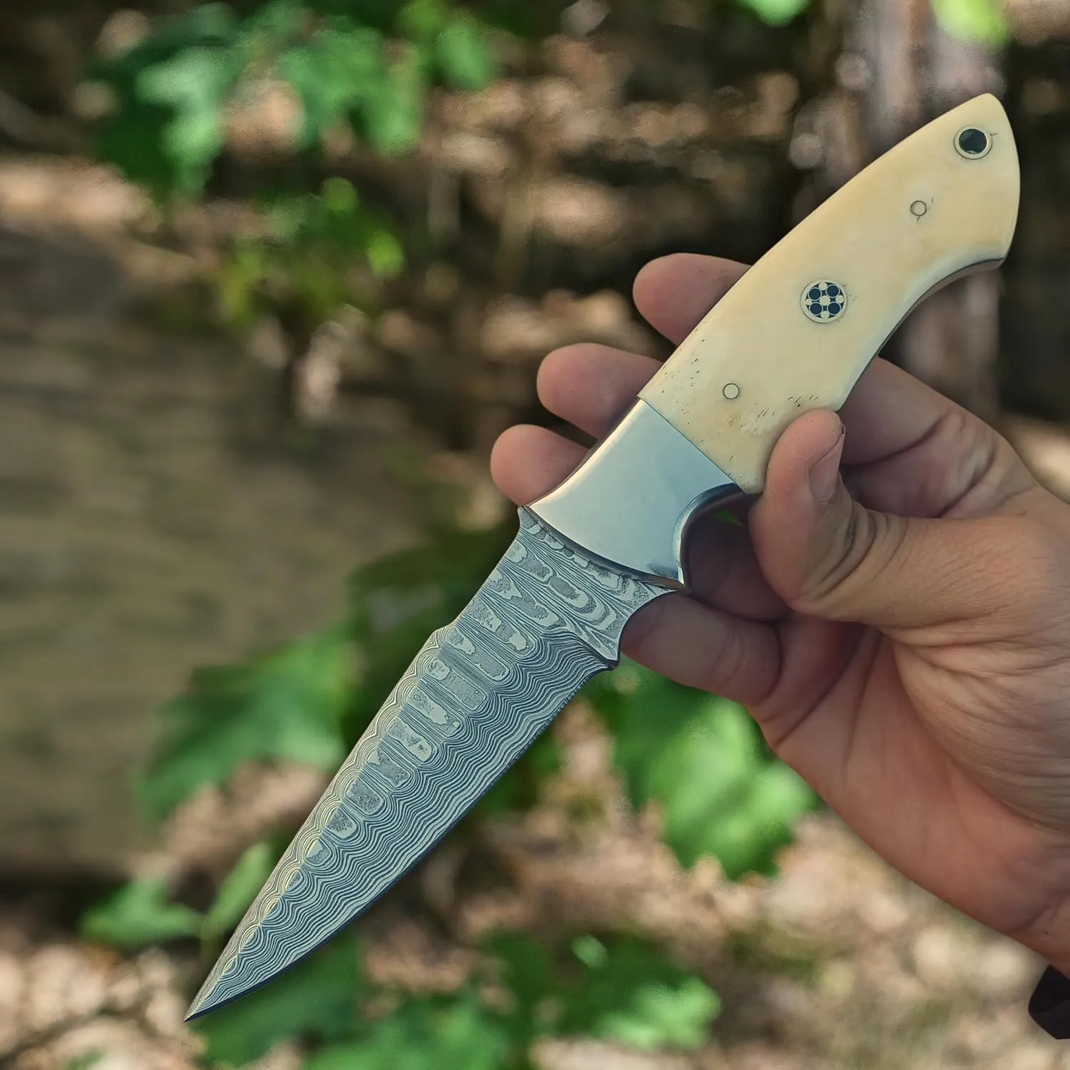 Handmade Fixed Blade Damascus Hunting Knife with Horizontal Carry Leather Sheath for (Bushcraft)