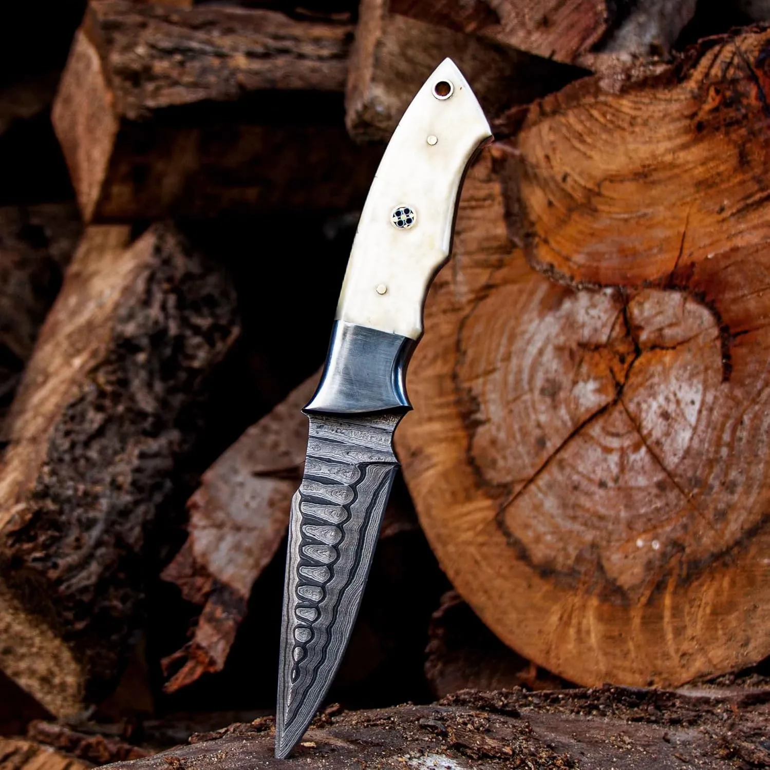 Handmade Fixed Blade Damascus Hunting Knife with Horizontal Carry Leather Sheath for (Bushcraft)