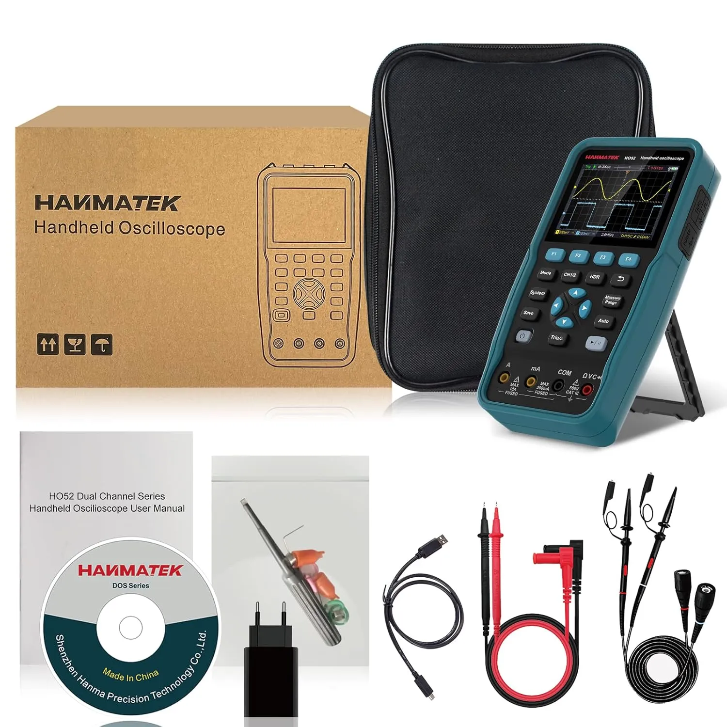 HANMATEK Handheld Digital Oscilloscope 50Mhz Bandwidth with 2 Channels HO52 3.5" TFT Mini Oscilloscope, 2 in 1 Oscilloscope and Multimeter, Backlit Screen, Auto-Calibration Function, Memory Function