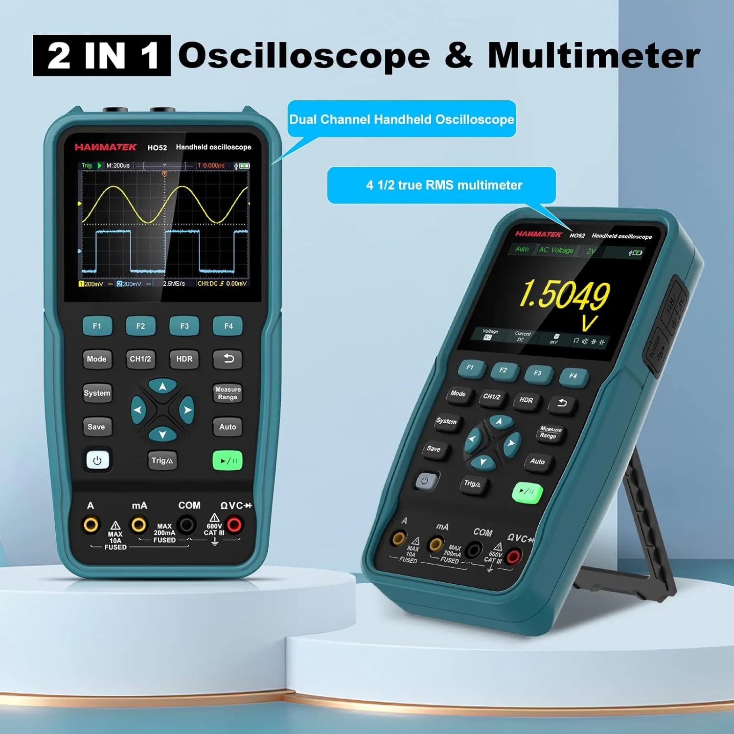 HANMATEK Handheld Digital Oscilloscope 50Mhz Bandwidth with 2 Channels HO52 3.5" TFT Mini Oscilloscope, 2 in 1 Oscilloscope and Multimeter, Backlit Screen, Auto-Calibration Function, Memory Function