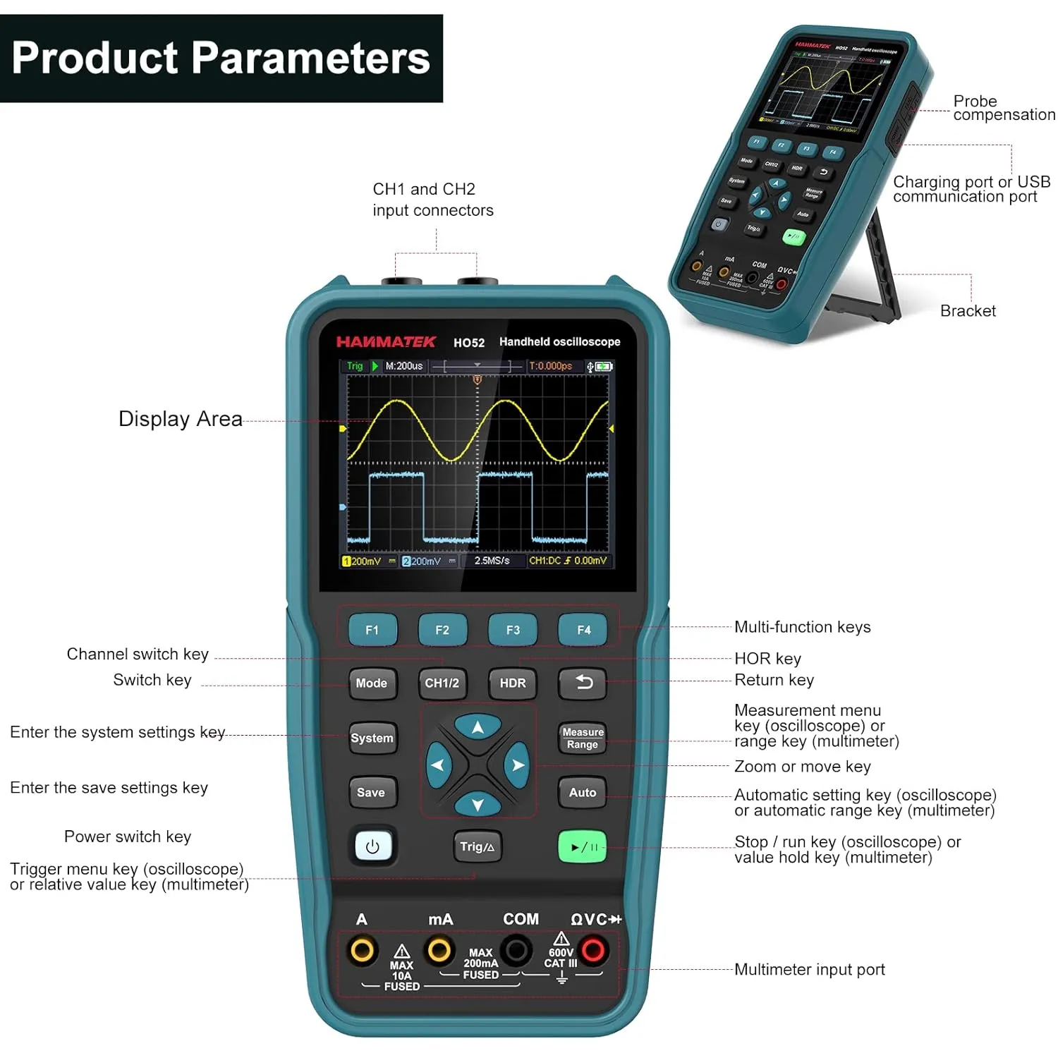 HANMATEK Handheld Digital Oscilloscope 50Mhz Bandwidth with 2 Channels HO52 3.5" TFT Mini Oscilloscope, 2 in 1 Oscilloscope and Multimeter, Backlit Screen, Auto-Calibration Function, Memory Function