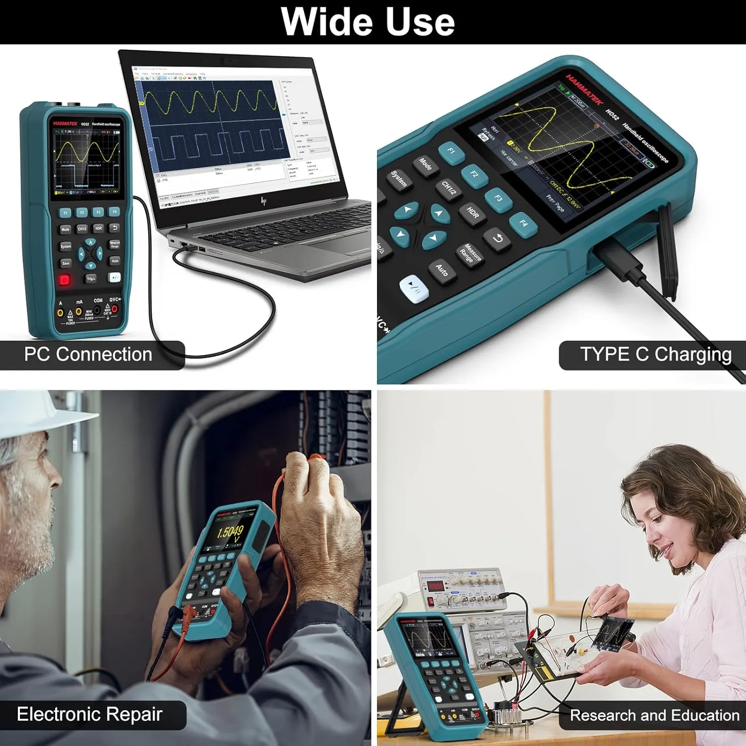 HANMATEK Handheld Digital Oscilloscope 50Mhz Bandwidth with 2 Channels HO52 3.5" TFT Mini Oscilloscope, 2 in 1 Oscilloscope and Multimeter, Backlit Screen, Auto-Calibration Function, Memory Function