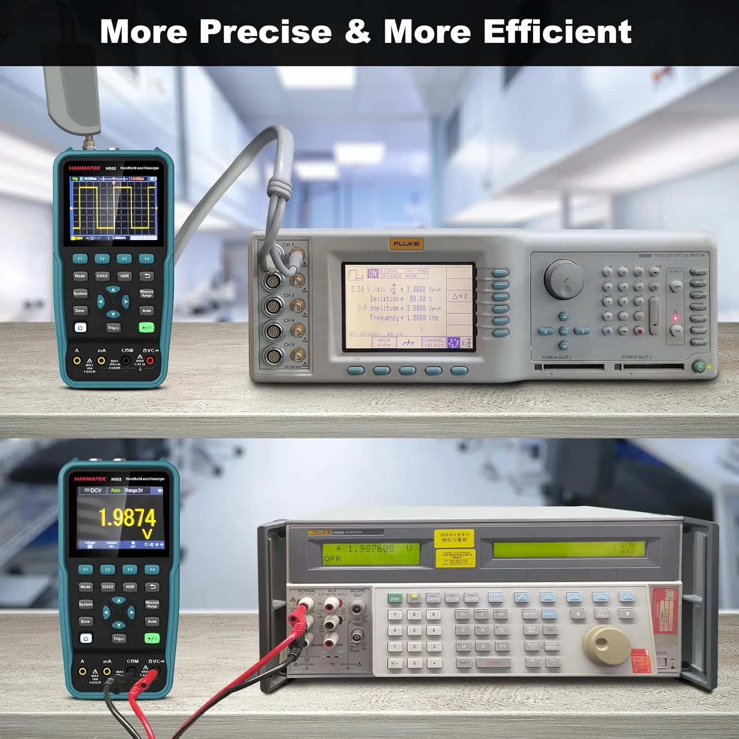 HANMATEK Handheld Digital Oscilloscope 50Mhz Bandwidth with 2 Channels HO52 3.5" TFT Mini Oscilloscope, 2 in 1 Oscilloscope and Multimeter, Backlit Screen, Auto-Calibration Function, Memory Function