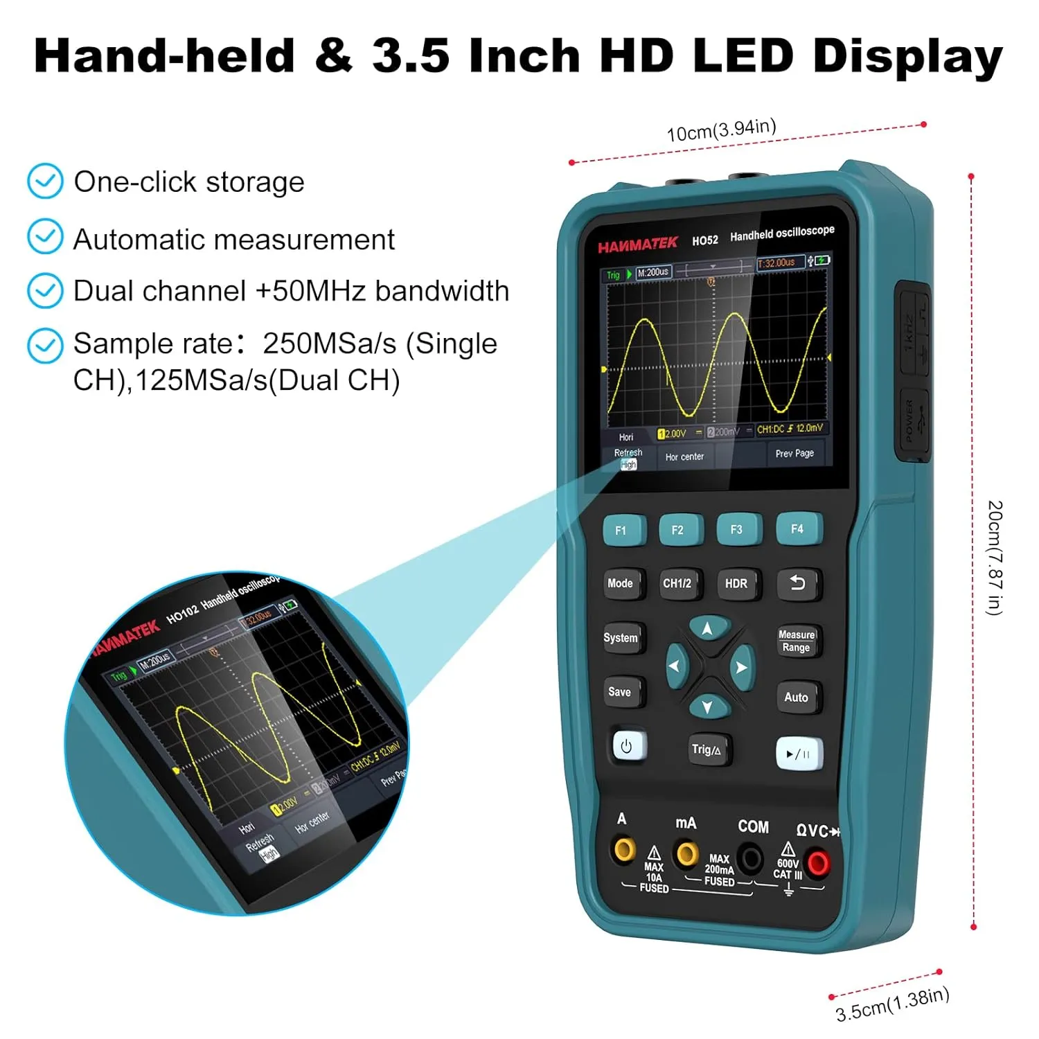 HANMATEK Handheld Digital Oscilloscope 50Mhz Bandwidth with 2 Channels HO52 3.5" TFT Mini Oscilloscope, 2 in 1 Oscilloscope and Multimeter, Backlit Screen, Auto-Calibration Function, Memory Function