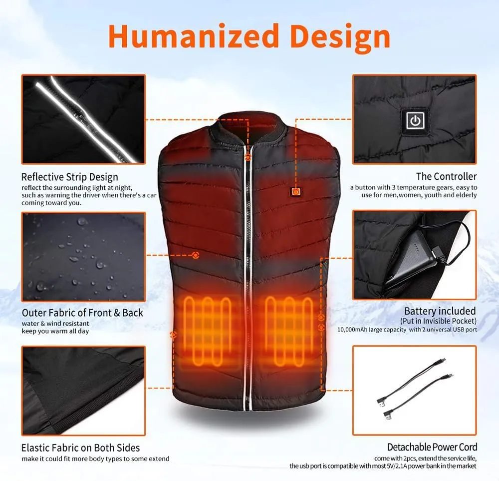 Heated Vest, USB Charging Heating Vest for Men Women Washable Body Warmer with Battery Pack for Outdoor Camping