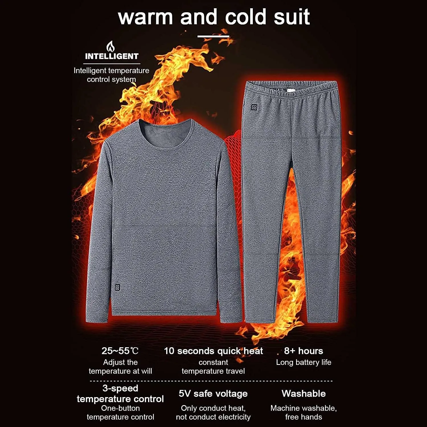 Heated Warm Underwear for Men Women 22 Zone Heating Pad USB Thermal Soft Trousers Top (Batteries Not Included)(Male Black,M-Medium)