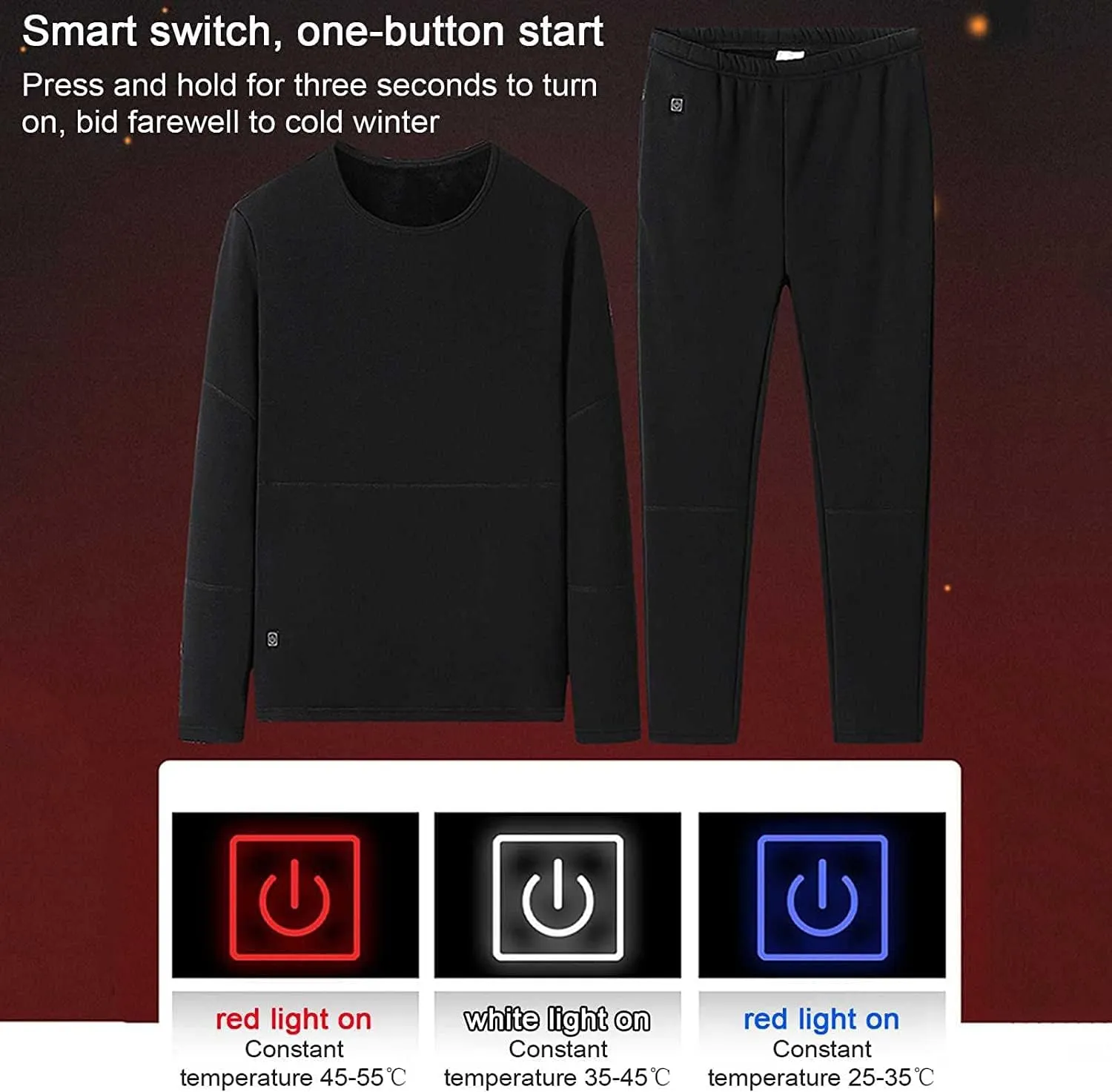 Heated Warm Underwear for Men Women 22 Zone Heating Pad USB Thermal Soft Trousers Top (Batteries Not Included)(Male Black,M-Medium)