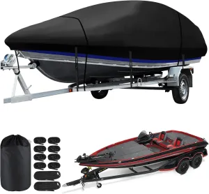 Heavy Duty Bass Boat Cover, 19'3"-21'1" Trailerable Marine Grade Waterproof Tarp Cover with Adjustable Windproof Tightening Strap & Anti-UV fit V-Hull/Tri-Hull/Fishing Boat/Runabout/Prostyle Bass Boat