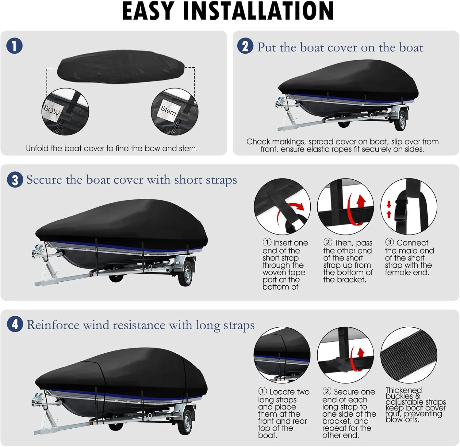 Heavy Duty Bass Boat Cover, 19'3"-21'1" Trailerable Marine Grade Waterproof Tarp Cover with Adjustable Windproof Tightening Strap & Anti-UV fit V-Hull/Tri-Hull/Fishing Boat/Runabout/Prostyle Bass Boat