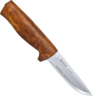 Helle Knives - Fossekallen - Triple Laminated Stainless Steel Fixed Blade - Curly Birch Wood Handle - Leather Sheath - Field Knife for Camping, Fishing, Hunting, Men & Women - Made in Norway