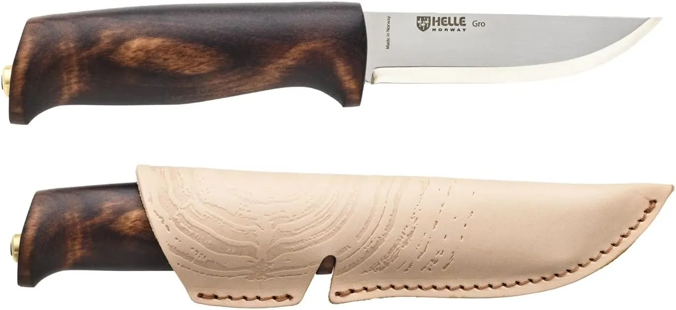 HELLE Knives - Gro- Fixed Blade Knife - Birch Wood Handle - Stick Tang- Camping, Hunting - Stainless Steel - Leather Sheath - Made in Norway