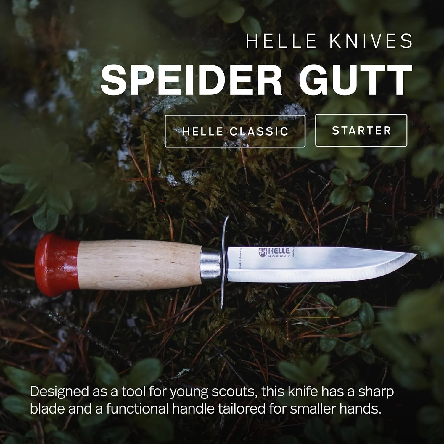 HELLE Knives - Speider Gutt (Boy) - Fixed Blades - Stick Tang - Beginner, Scout, Learning - Stainless Steel - Leather Sheath - Made in Norway
