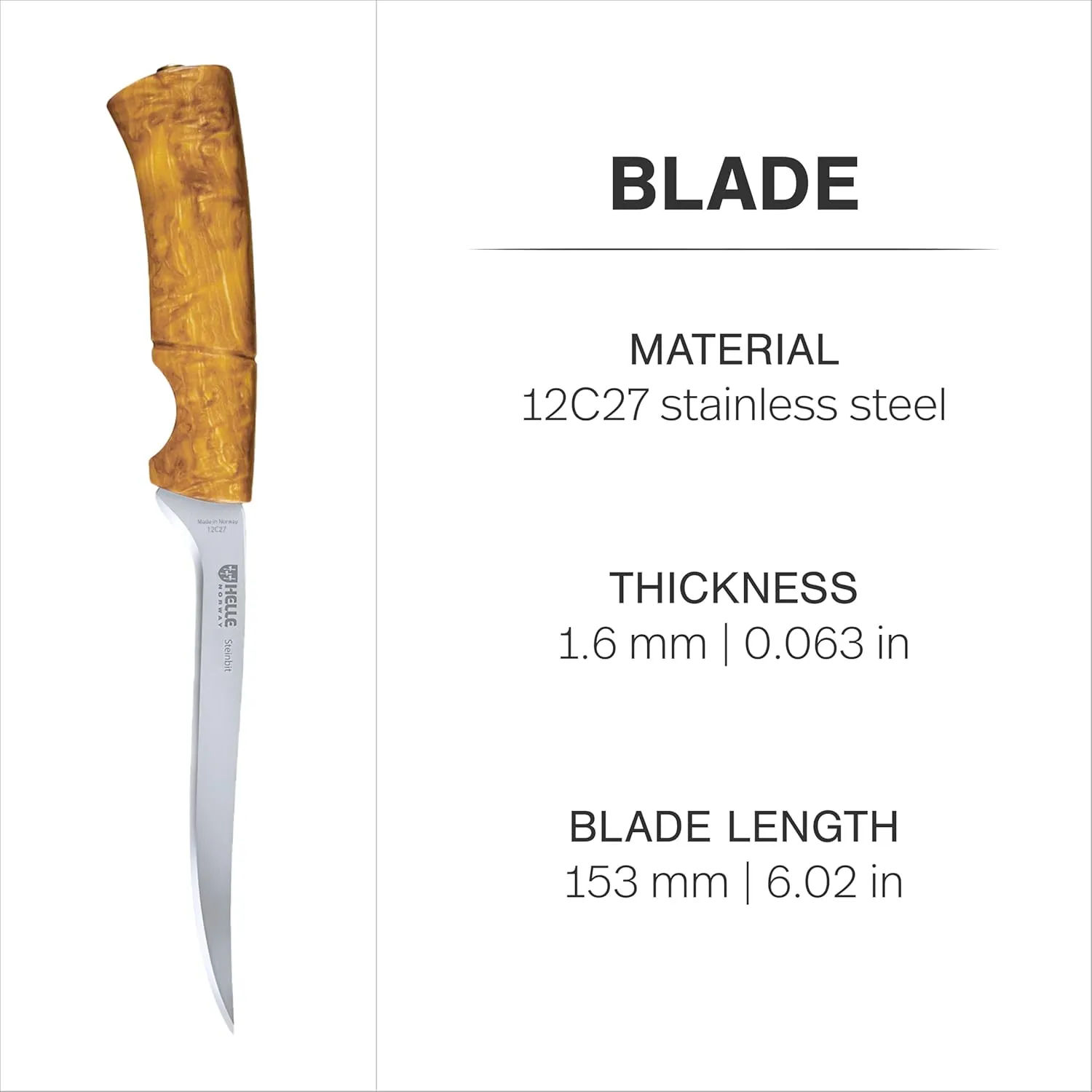 HELLE Knives - Steinbit - Outdoor Fishing Knife, Stainless Steel, Curly Birch Handle, Fixed Blade With Sheath, Handcrafted