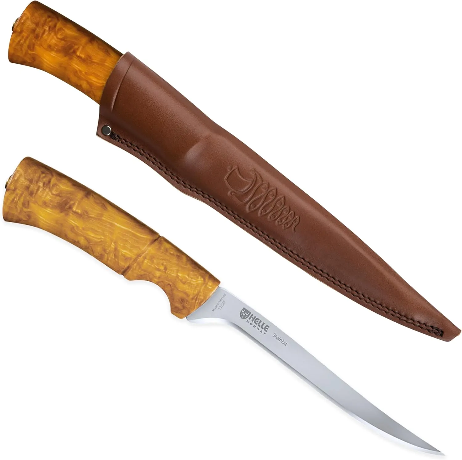 HELLE Knives - Steinbit - Outdoor Fishing Knife, Stainless Steel, Curly Birch Handle, Fixed Blade With Sheath, Handcrafted