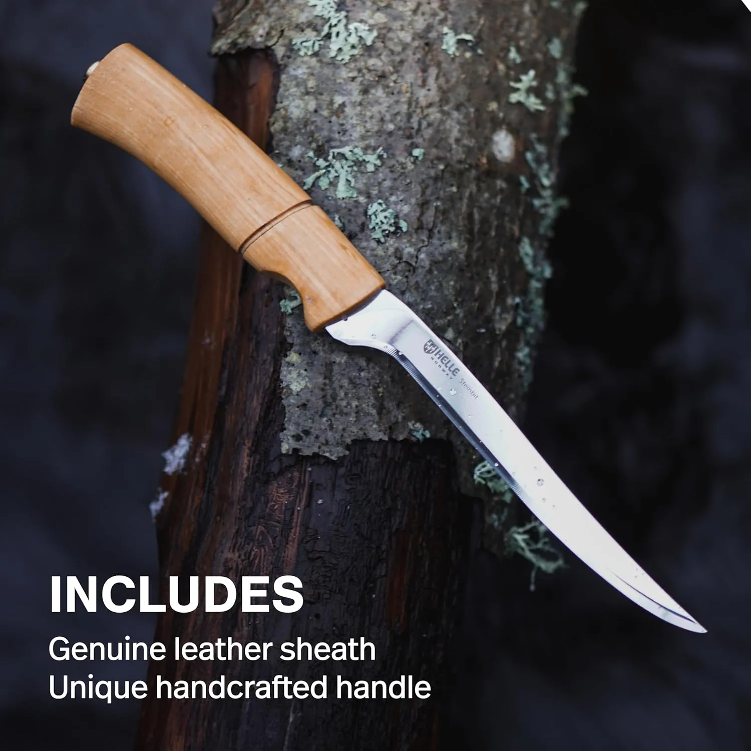 HELLE Knives - Steinbit - Outdoor Fishing Knife, Stainless Steel, Curly Birch Handle, Fixed Blade With Sheath, Handcrafted