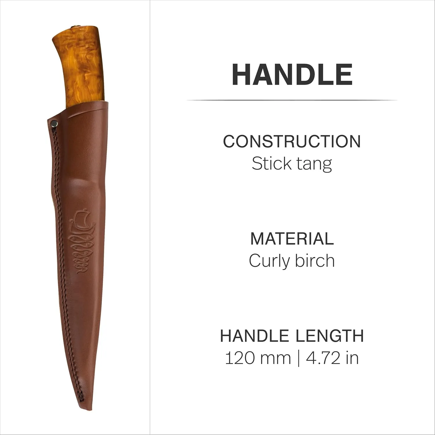 HELLE Knives - Steinbit - Outdoor Fishing Knife, Stainless Steel, Curly Birch Handle, Fixed Blade With Sheath, Handcrafted