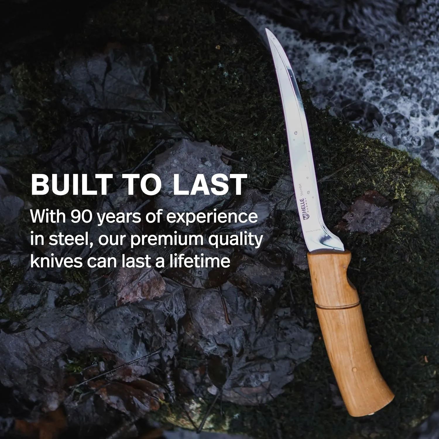 HELLE Knives - Steinbit - Outdoor Fishing Knife, Stainless Steel, Curly Birch Handle, Fixed Blade With Sheath, Handcrafted
