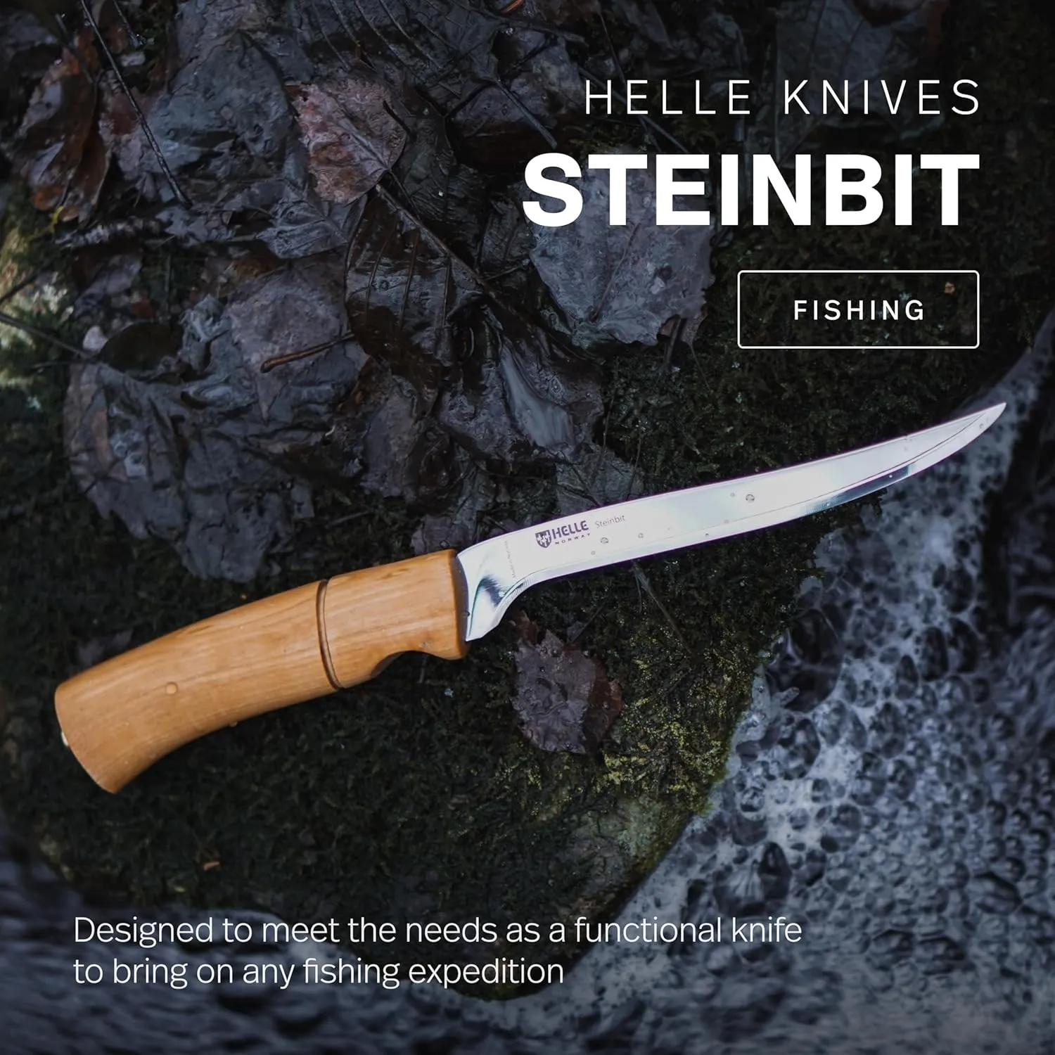 HELLE Knives - Steinbit - Outdoor Fishing Knife, Stainless Steel, Curly Birch Handle, Fixed Blade With Sheath, Handcrafted