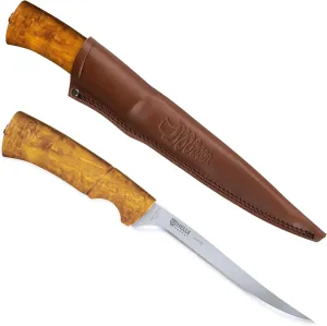 HELLE Knives - Steinbit - Outdoor Fishing Knife, Stainless Steel, Curly Birch Handle, Fixed Blade With Sheath, Handcrafted