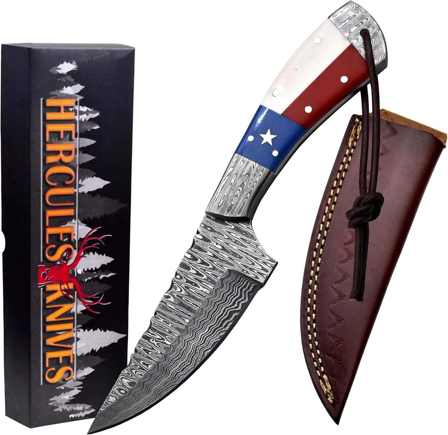 Hercules Custom Hand Forged Damascus Hunting Knife with Leather Sheath Fixed Blade Camping, Bushcraft, Survival, Outdoor Knife Texas Flag Handle Handmade Full Tang