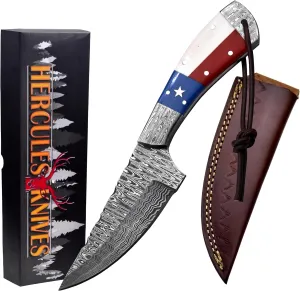 Hercules Custom Hand Forged Damascus Hunting Knife with Leather Sheath Fixed Blade Camping, Bushcraft, Survival, Outdoor Knife Texas Flag Handle Handmade Full Tang