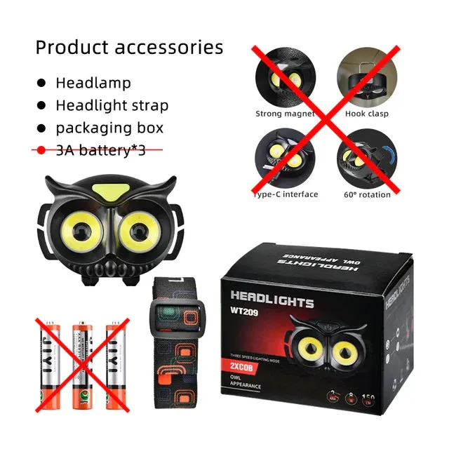 High Power COB LED Owl Headlamp Magnetic Absorption Induction Small Creative Owl Headlamp