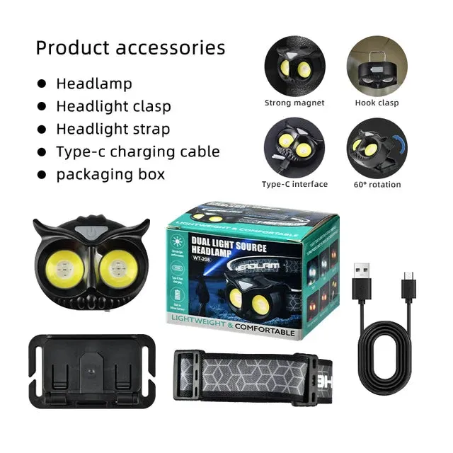 High Power COB LED Owl Headlamp Magnetic Absorption Induction Small Creative Owl Headlamp