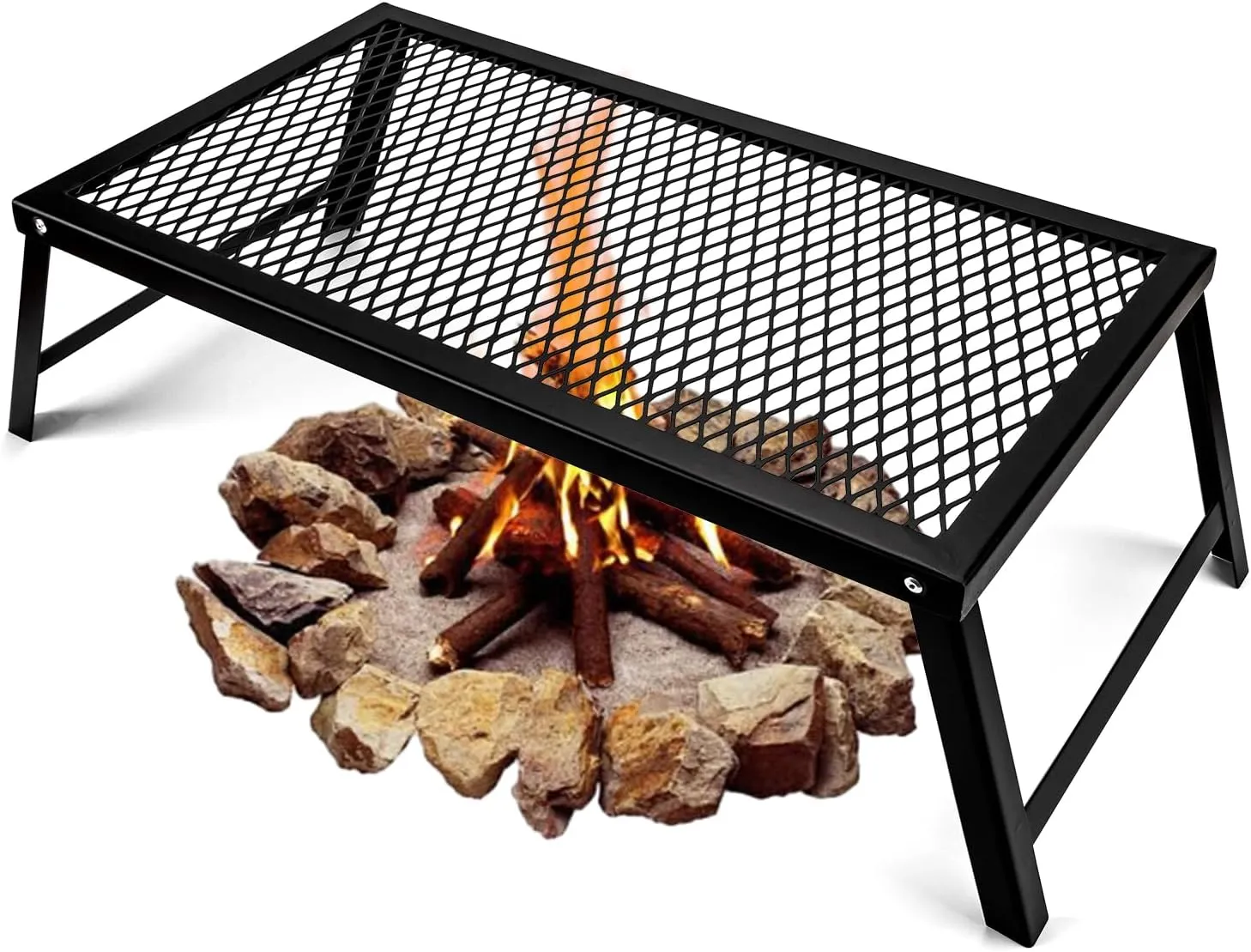Hikeman Folding Campfire Grill Heavy Duty Camping Cooking Grate Over Fire Pit,Portable Outdoor Camp Grill Rack for Picnic BBQ Frying (55cm x 30cm)