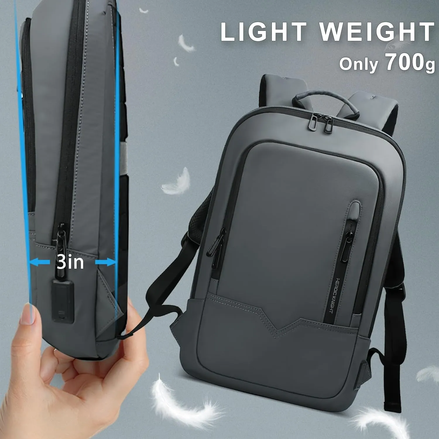 hk Backpack for Men Business Slim Backpack with USB Charger Computer Lightweight Anti-theft Travel (Dark Grey, 15.6 Inch)