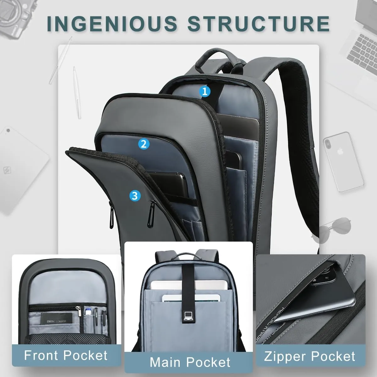 hk Backpack for Men Business Slim Backpack with USB Charger Computer Lightweight Anti-theft Travel (Dark Grey, 15.6 Inch)