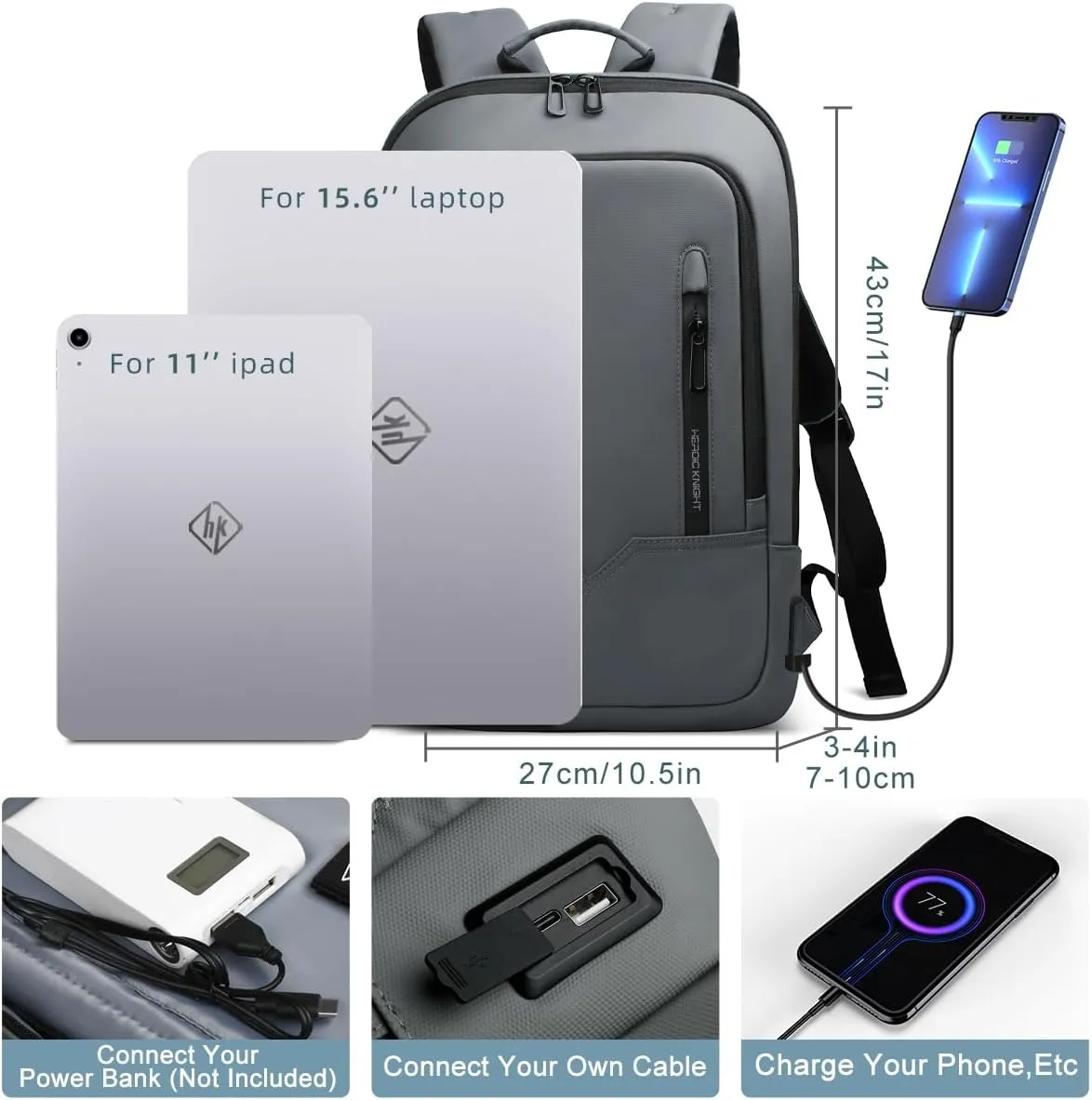 hk Backpack for Men Business Slim Backpack with USB Charger Computer Lightweight Anti-theft Travel (Dark Grey, 15.6 Inch)