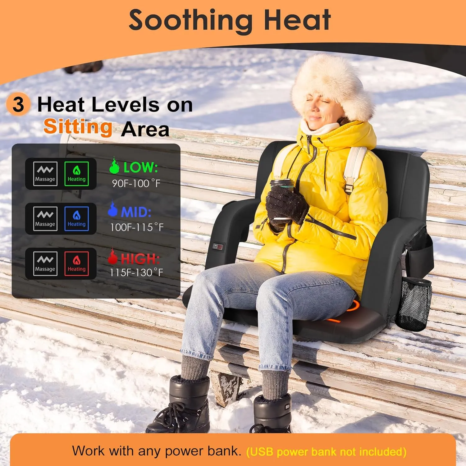 HOPERAN Massage Heated Stadium Seats for Bleachers with Back Support & Lumbar Pillow, 3 Level Heating & 6 Modes Massage Portable Heated Stadium Chairs for Bleachers