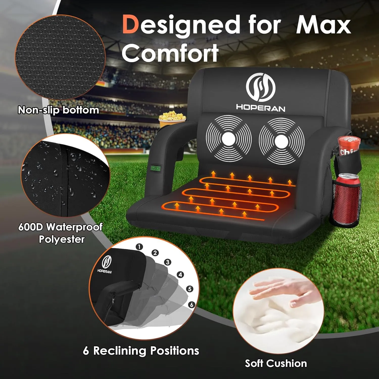 HOPERAN Massage Heated Stadium Seats for Bleachers with Back Support & Lumbar Pillow, 3 Level Heating & 6 Modes Massage Portable Heated Stadium Chairs for Bleachers