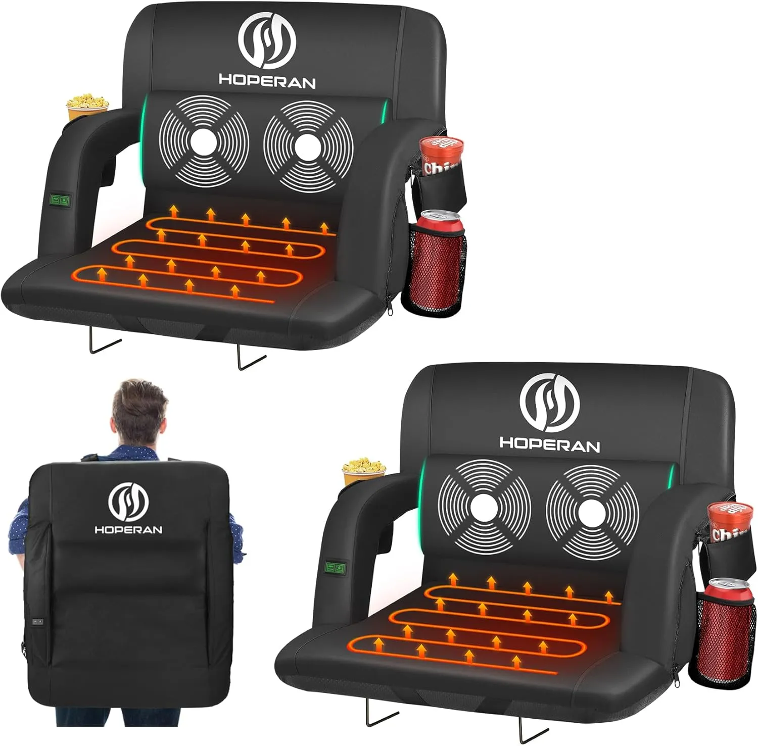 HOPERAN Massage Heated Stadium Seats for Bleachers with Back Support & Lumbar Pillow, 3 Level Heating & 6 Modes Massage Portable Heated Stadium Chairs for Bleachers