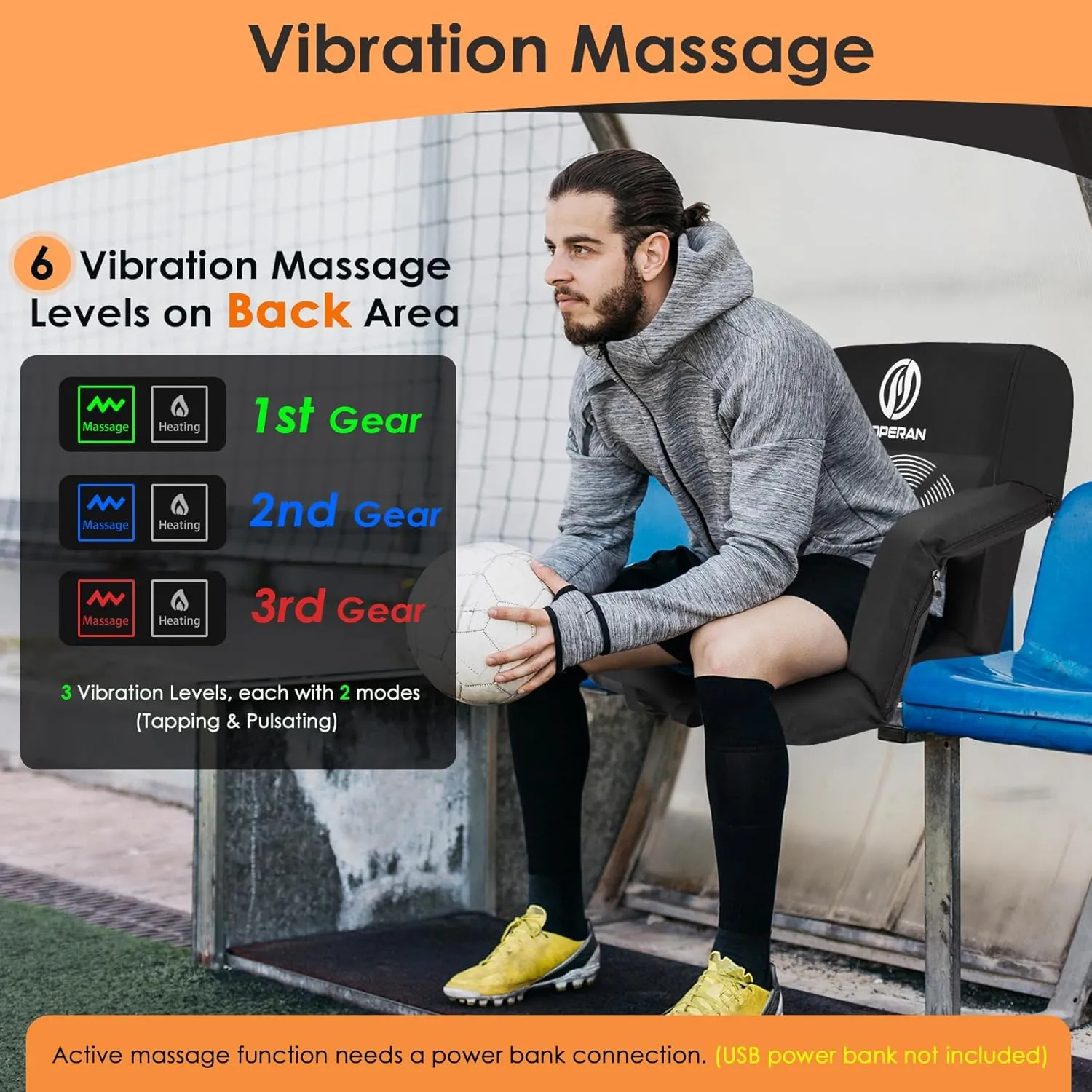 HOPERAN Massage Heated Stadium Seats for Bleachers with Back Support & Lumbar Pillow, 3 Level Heating & 6 Modes Massage Portable Heated Stadium Chairs for Bleachers