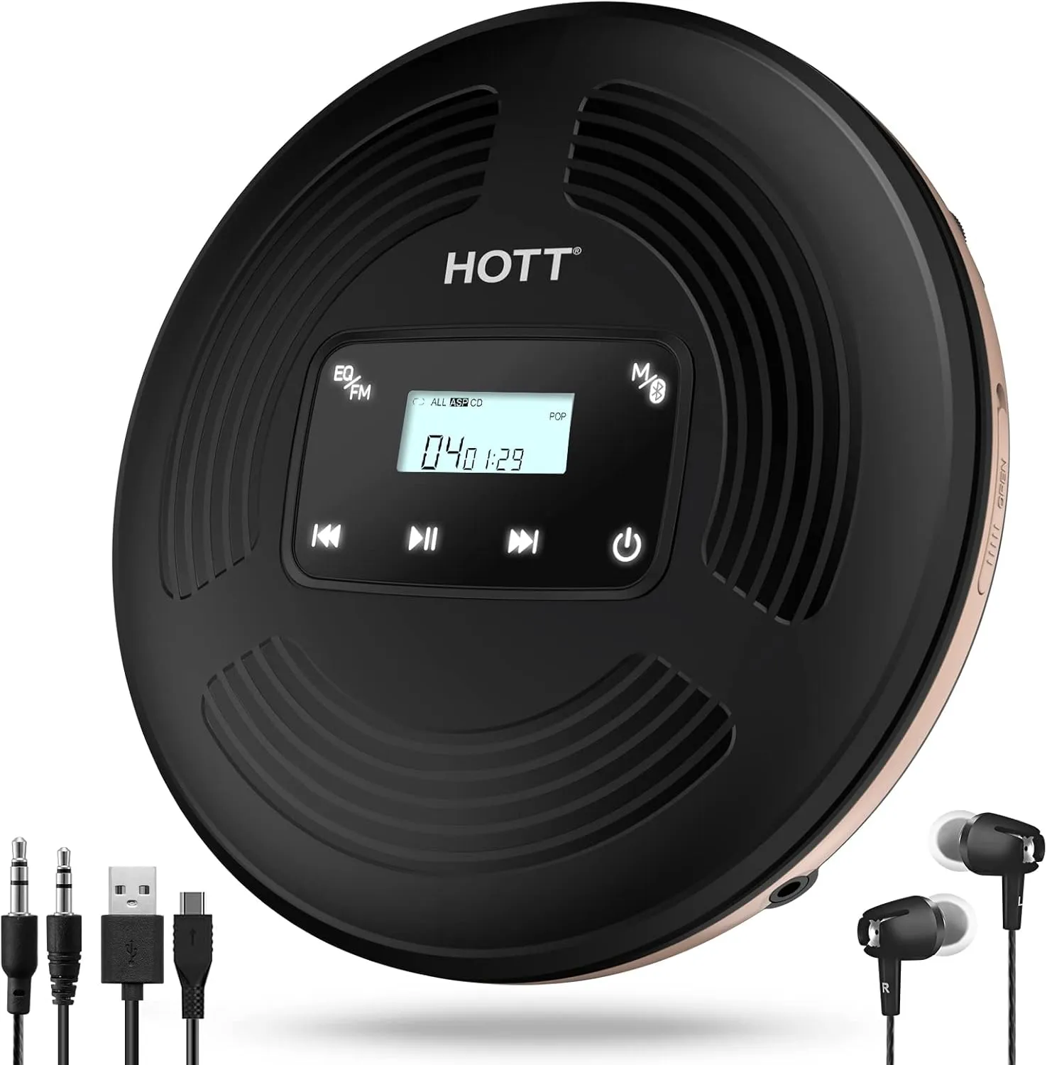 HOTT Portable CD Player with Bluetooth and FM Transmitter with Touch Buttons Backlight,Rechargeable Discman Player with AUX Cable,CD Player Shockproof for Car CD903TF