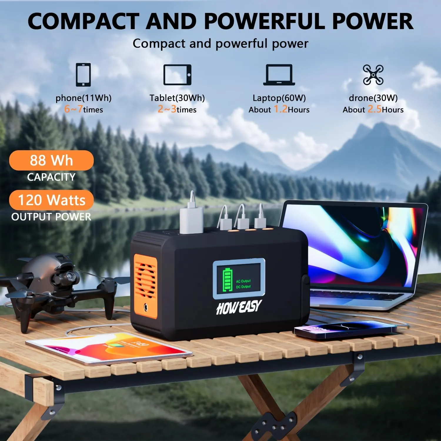 HOWEASY Portable Power Station, 88Wh Solar Generator, Lithium Battery Power with 110V AC 150W Peak Socket/DC/USB/LED Light for Outdoor Camping Trip Hunting Emergency（Solar Panel Not Included）