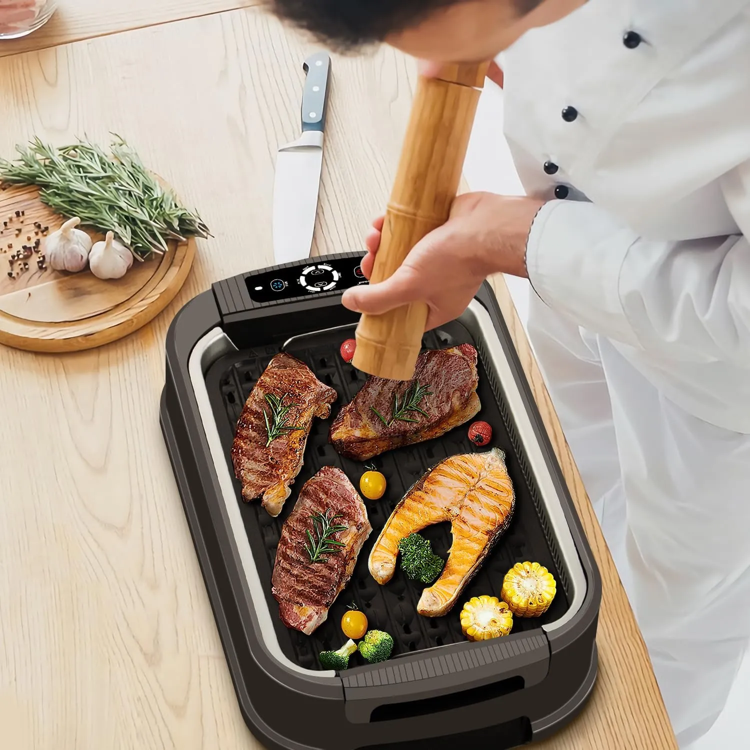 Indoor Smokeless Grill, Techwood 1500W Electric Indoor Grill with Tempered Glass Lid, Portable Non-stick BBQ Korean Grill, Turbo Smoke Extractor Technology, Drip Tray& Double Removable Plate, Black
