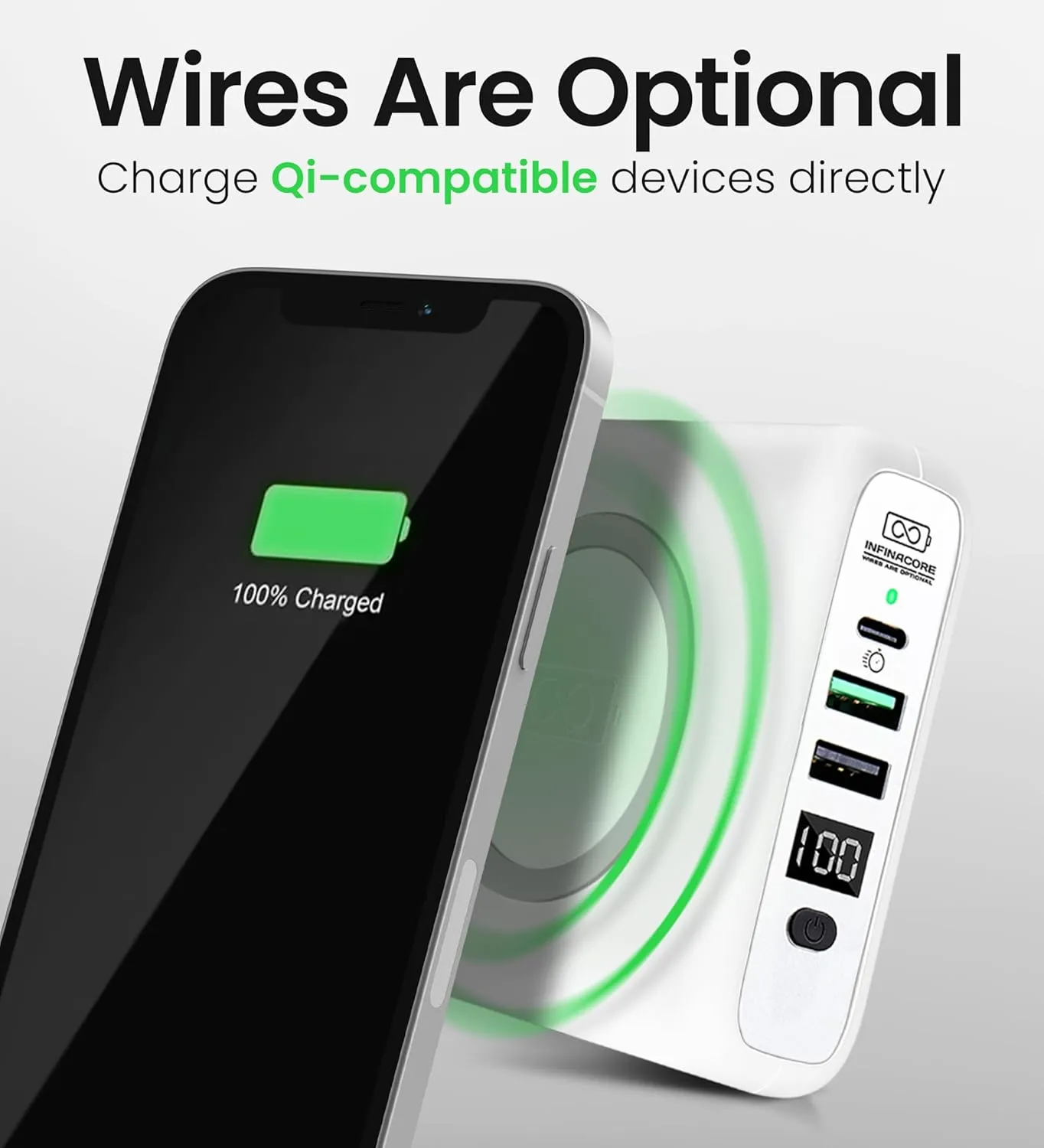 InfinaCore P3 8000mAh Portable Charger - 4-in-1 Fast Charging Power Bank Compatible w/iPhone - 18W Qi-Compatible USB C Charger Block w/UK/EU Adapters - Travel Battery Pack w/Foldable Plug - White