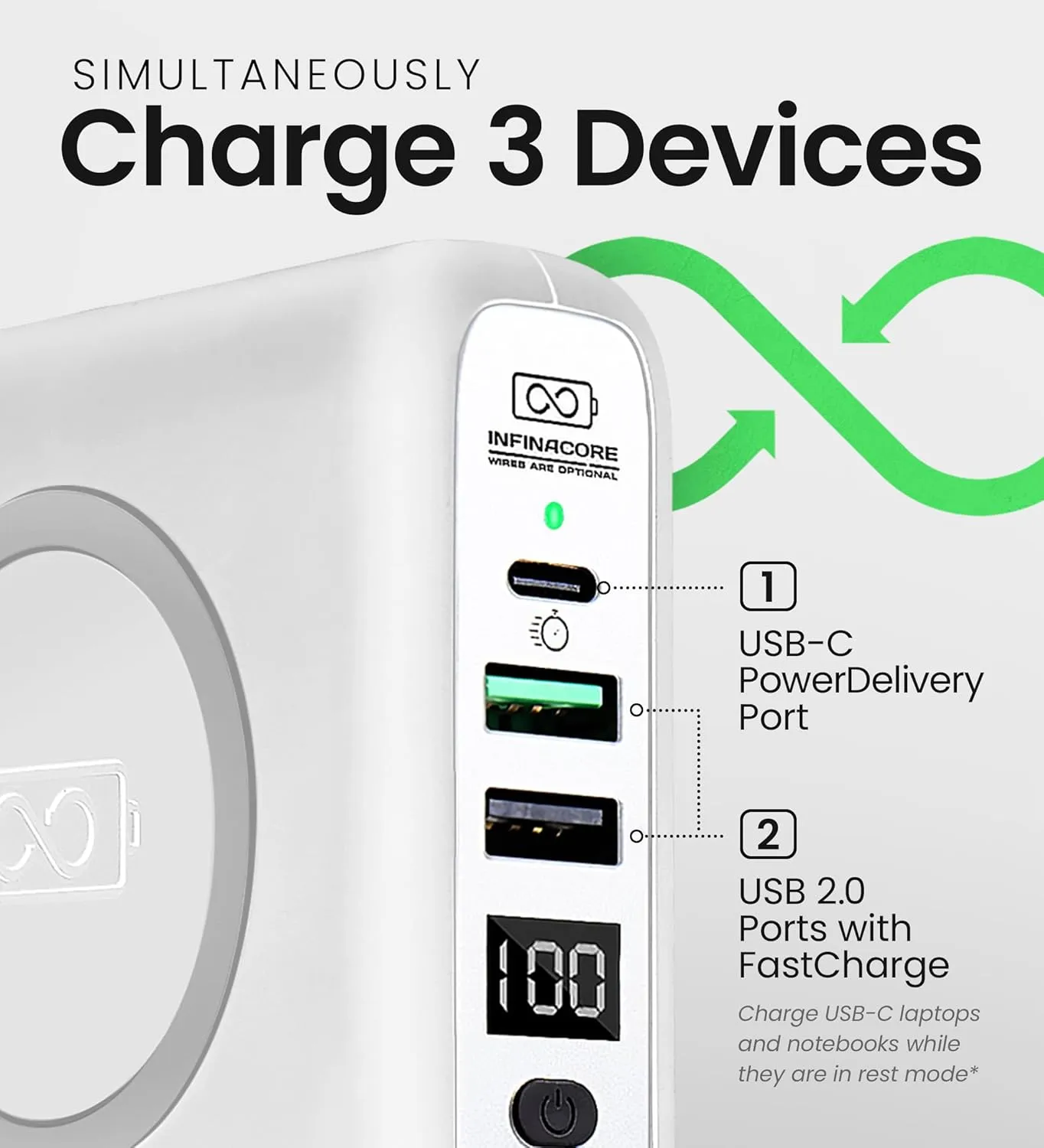 InfinaCore P3 8000mAh Portable Charger - 4-in-1 Fast Charging Power Bank Compatible w/iPhone - 18W Qi-Compatible USB C Charger Block w/UK/EU Adapters - Travel Battery Pack w/Foldable Plug - White