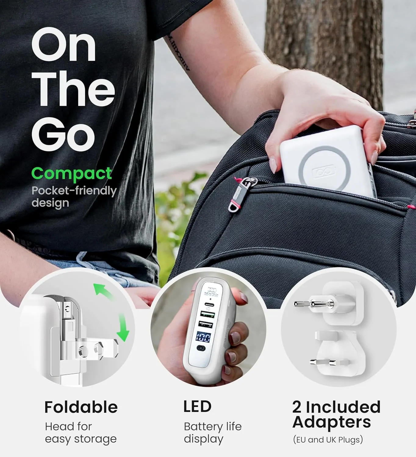 InfinaCore P3 8000mAh Portable Charger - 4-in-1 Fast Charging Power Bank Compatible w/iPhone - 18W Qi-Compatible USB C Charger Block w/UK/EU Adapters - Travel Battery Pack w/Foldable Plug - White